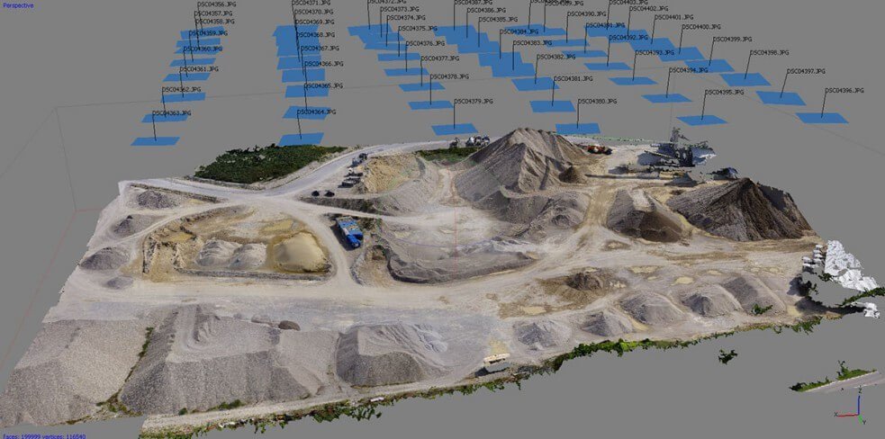 3D photogrammetry mesh reconstruction of a quarry site with camera capture positions